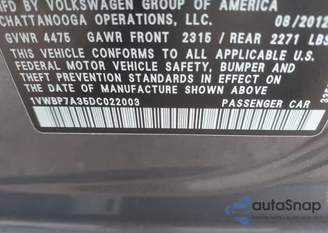 2013 Volkswagen Passat 2.5L Se z USA, uszkodzony, nr VIN 1VWBP7A35DC022003